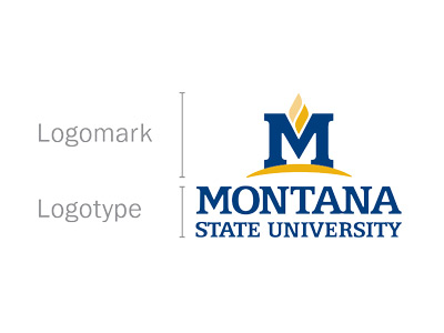 MSU logomark (the M and flame symbol) being outlined to the side and the logotype (Montana State University below)