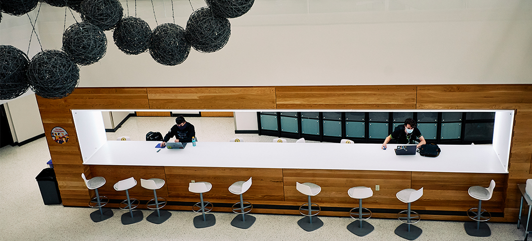 Engineering students studying and wearing masks in Barnard Hall