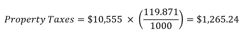 The taxable value of the example property is now $10,555 ($6,187 x (1.706), and the property taxes will still be $1,265.24: