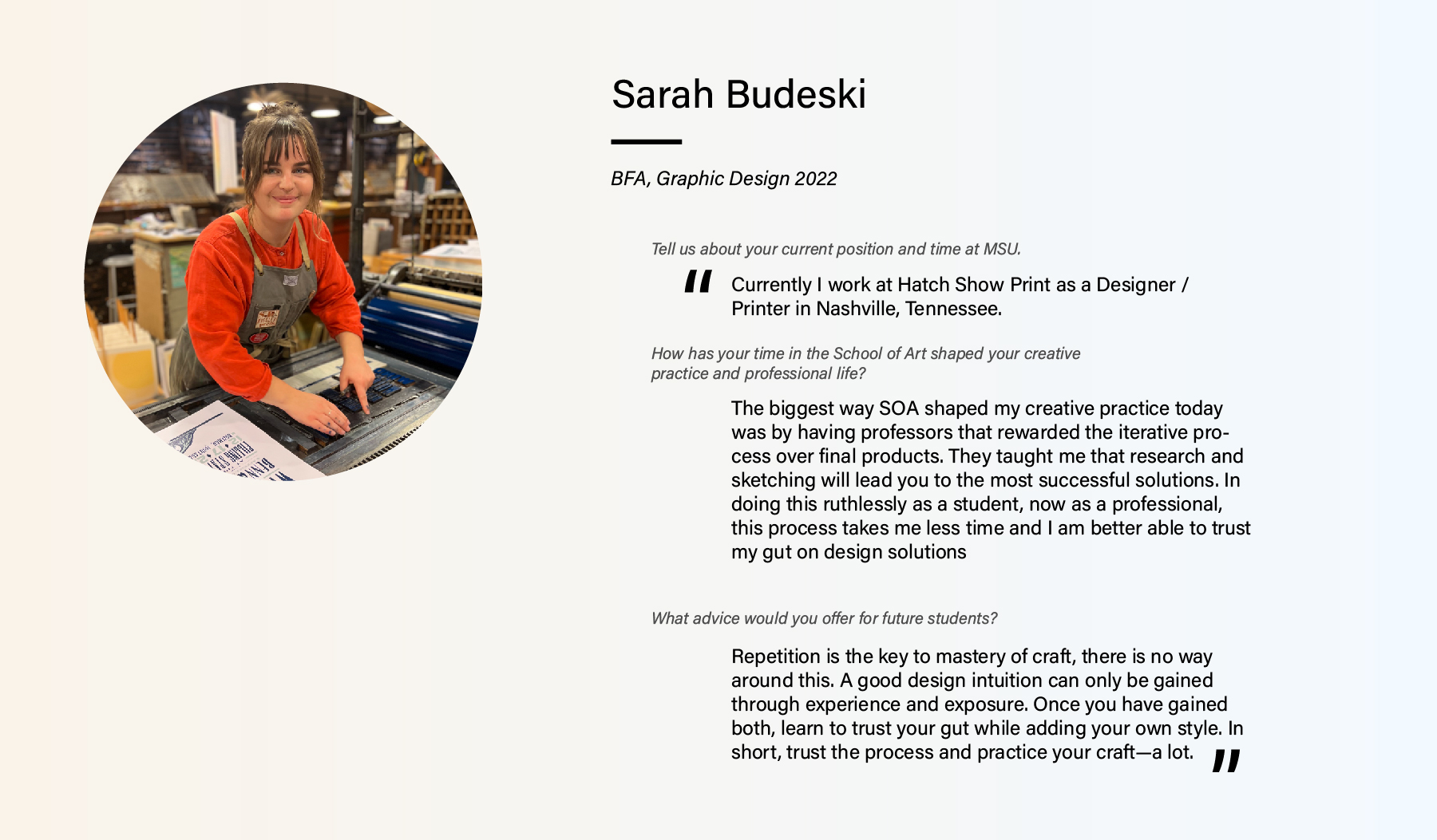 Sarah Budeski Alumni Highlight