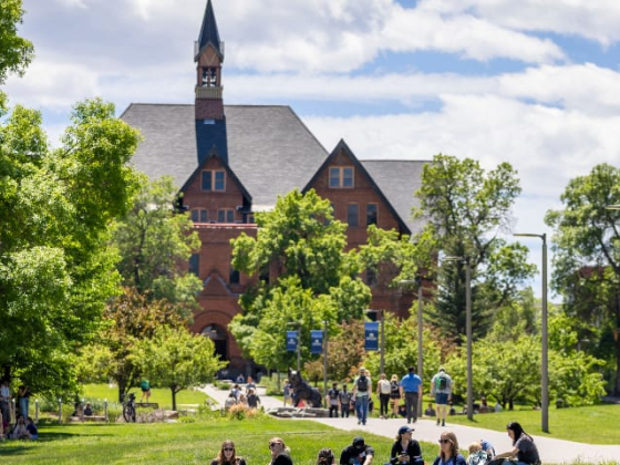 The image shows a vibrant campus scene at Montana State University. Students are walking, sitting, and conversing on a sunny day. In the background, a historic brick building with a tall clock tower and steep gabled roofs is framed by lush green trees. Th | Doc Cravens/MSU Photo