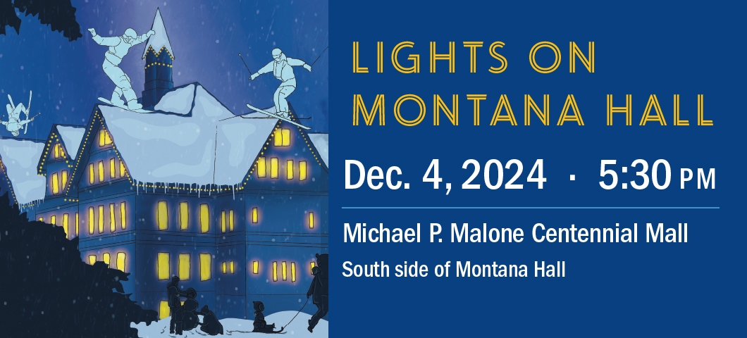 A promotional graphic for Lights on Montana Hall showing an illustration of the campus building at night with skier and snowboarders sliding on its roof and kids on sleds silhouetted in the snowy foreground.  | Montana State University