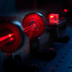 A closeup image of a red laser beam shining through optical lenses.