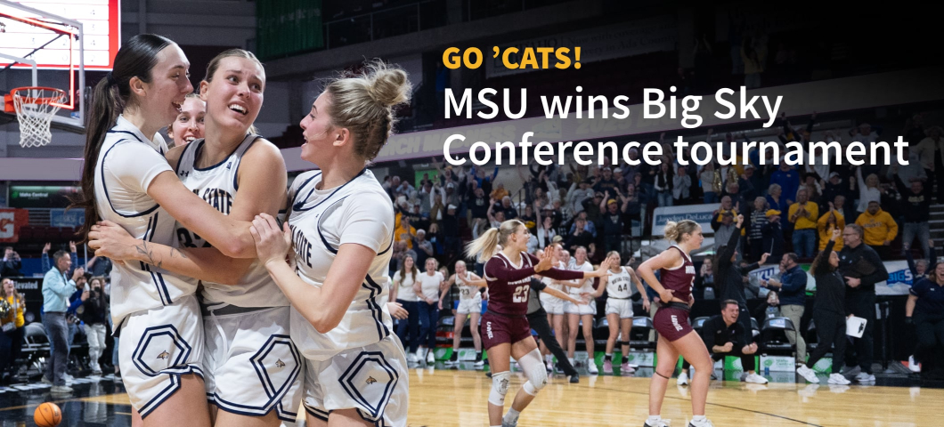 Montana State University women's basketball players celebrate on the court after winning the Big Sky Conference tournament. Three players in white MSU uniforms embrace with joyful expressions, while opposing players in maroon uniforms react nearby. In | MSU Athletics photo