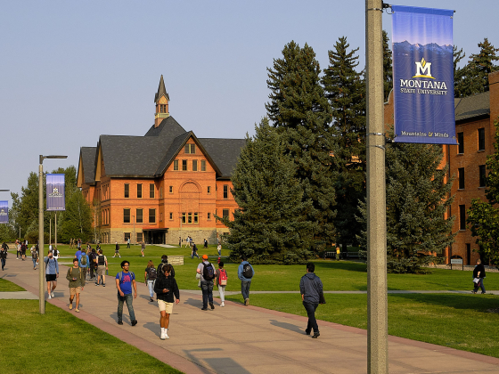 Students walking down a sidewalk with Montana Hall in the background | MSU photo by Kelly Gorham