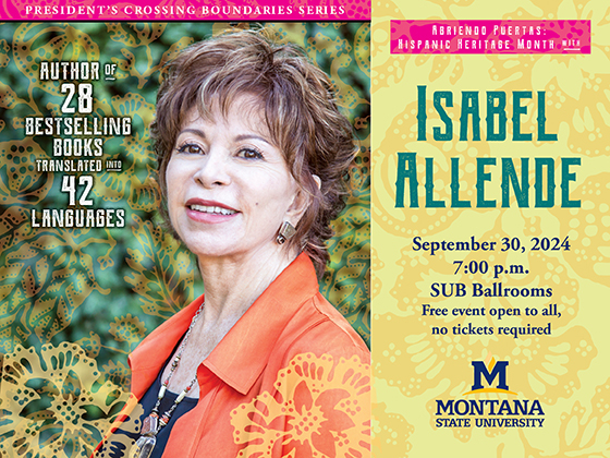 Photo of Isabel Allende with text that reads "Author of 28 best selling books translated into 42 languages, Isabel Allende. September 30, 2024, 7 p.m., SUB Ballrooms, free event open to all, notickets required." | 