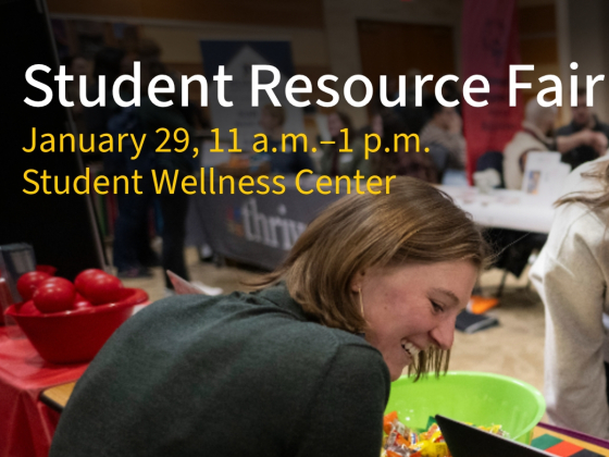 A group of four smiling students gathers around a table at an event, leaning in to look at a laptop. The table is covered with colorful materials, including a green bowl of candy. Text overlay reads, 'Student Resource Fair, January 29, 11 a.m.–1 p.m., | MSU image