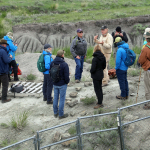 A group of people standing at a paleontological site.