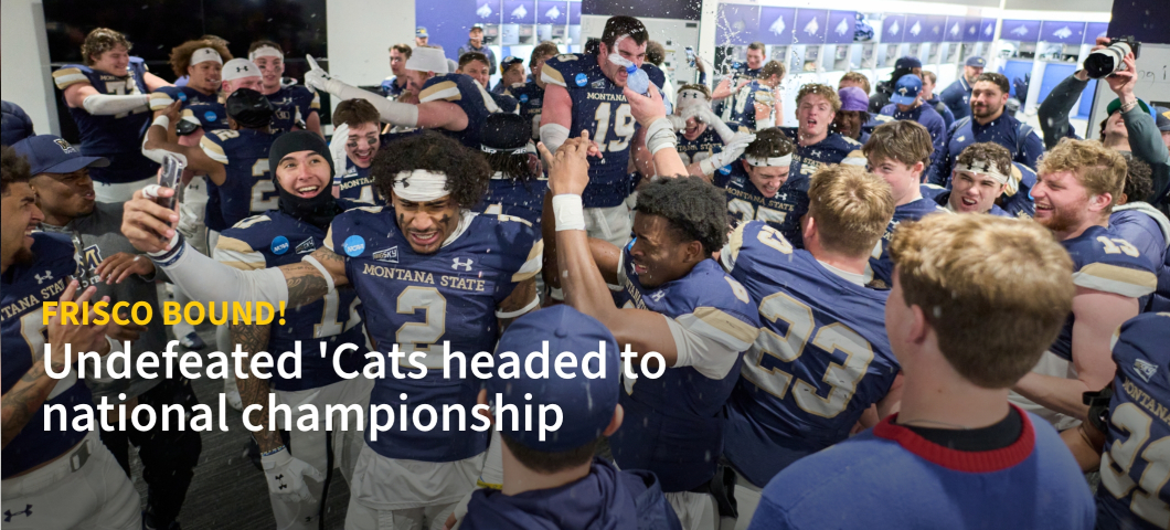 Members of the Montana State University football celebrate inside a locker room.  | Colter Peterson/MSU