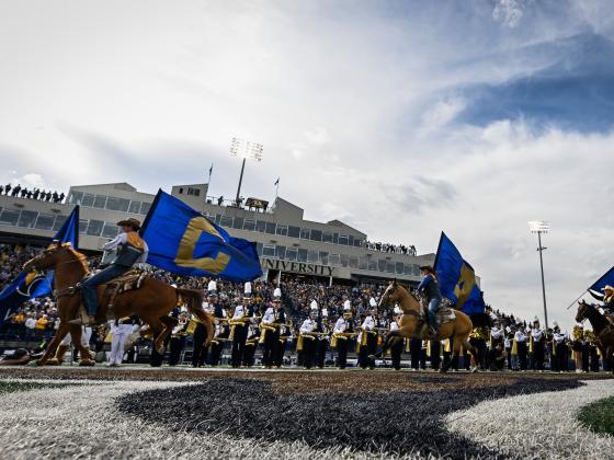 Riders on horseback carry large blue flags with gold designs across a football field, leading a marching band dressed in gold and white uniforms. In the background, a packed stadium with fans and a prominent university building is visible under a partly c | Colter Peterson/MSU