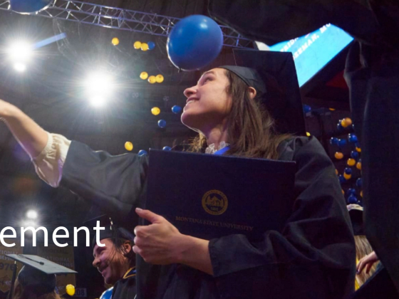 A Montana State University graduate wearing a cap and gown reaches toward floating blue and gold balloons during a commencement ceremony, with the text overlay: 'PHOTOS Fall Commencement.' | MSU