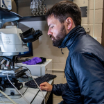 Kevin Hammonds sitting at a microscope in a lab.