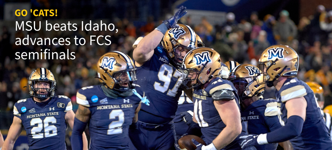 Montana State University football players in blue and gold uniforms celebrate on the field after a victory, with the text overlay: 'GO 'CATS! MSU beats Idaho, advances to FCS semifinals.' | Kelly Gorham/MSU