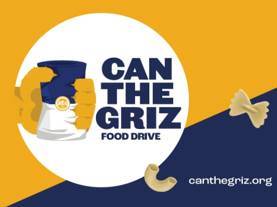 The image is a promotional graphic for the “Can the Griz” food drive, scheduled for November 9-23. The design is split diagonally with a dark blue section on the bottom right and a golden yellow section on the top left. A large can with the Montana State  | MSU Graphic