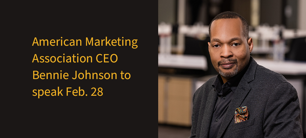 A promotional graphic featuring a professional portrait of Bennie Johnson, CEO of the American Marketing Association, alongside text announcing his speaking engagement on February 28. Johnson is wearing a dark blazer with a black shirt and a patterned poc | Photo courtesy of Bennie Johnson