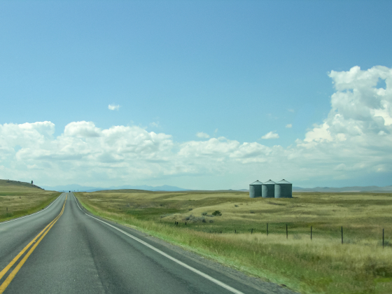 A country road with grasslands on either side and three silos off in the distance.  | 