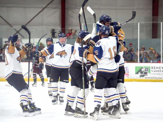 A group of hockey players celebrate with a group hug after a goal was scored | MSU Photo by Colter Peterson