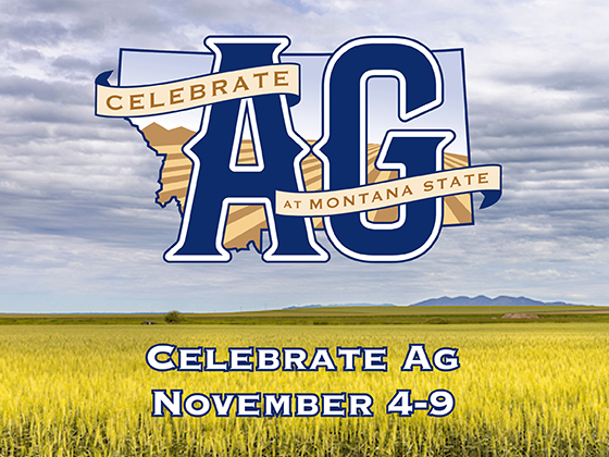 The image is a promotional graphic for Montana State University’s “Celebrate Ag” event, scheduled for November 4-9. The design features a large “AG” in bold blue letters with the state of Montana outlined behind it, and a banner across the letters that re | Rob Rath/MSU