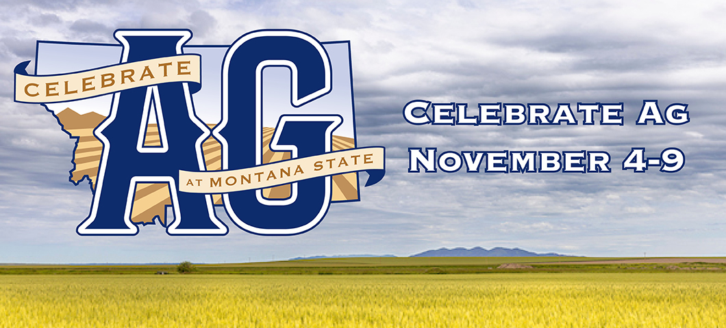 The image is a promotional graphic for Montana State University’s “Celebrate Ag” event, scheduled for November 4-9. The design features a large “AG” in bold blue letters with the state of Montana outlined behind it, and a banner across the letters that re | Rob Rath/MSU