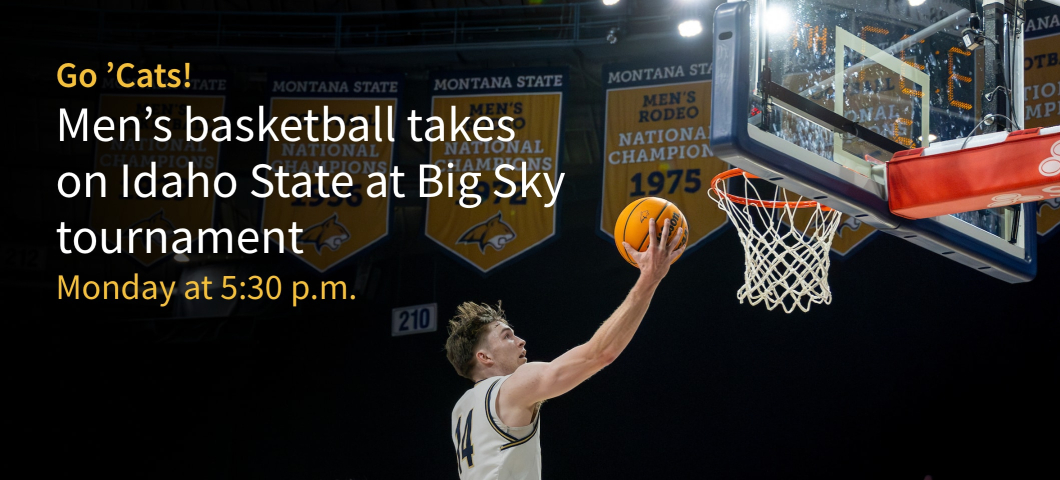 A promotional graphic featuring a Montana State University men’s basketball player wearing a white jersey with the number 14, leaping for a layup while holding a basketball near the hoop. The background showcases championship banners hanging in the arena, | MSU