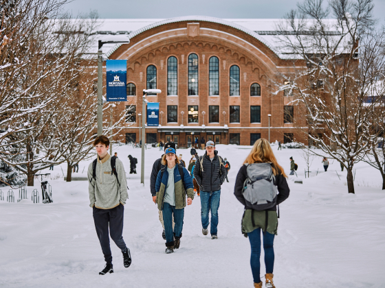 Students wearing winter clothing and backpacks walk along a snow-covered pathway toward a large, historic brick building with tall arched windows. Snow-laden trees line the walkway, and a Montana State University banner hangs from a lamppost. | Adrian Sanchez-Gonzalez/MSU