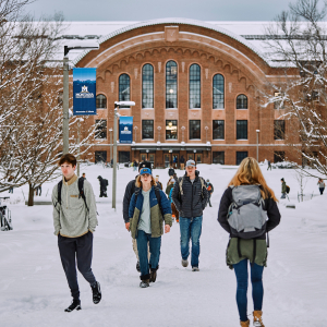 Students wearing winter clothing and backpacks walk along a snow-covered pathway toward a large, historic brick building with tall arched windows. Snow-laden trees line the walkway, and a Montana State University banner hangs from a lamppost.