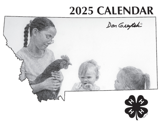 A black-and-white drawing of a girl holding a rooster with two other kids looking on with the words "2025 calendar" and "Don Greytak." | 