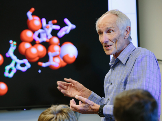 Pat Callis teaching chemistry in a classroom | MSU Photo by Adrian Sanchez-Gonzalez