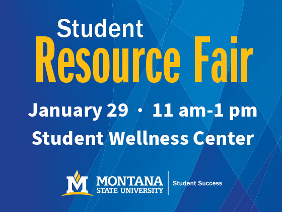 Graphic with a blue wavy background for the student resource fair at Montana State University. 