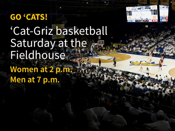 Alt text: A packed basketball arena shows fans dressed in white watching a game at Montana State University's Brick Breeden Fieldhouse. Players from MSU and the University of Montana compete on the court, with banners hanging from the rafters. Large w | MSU Image