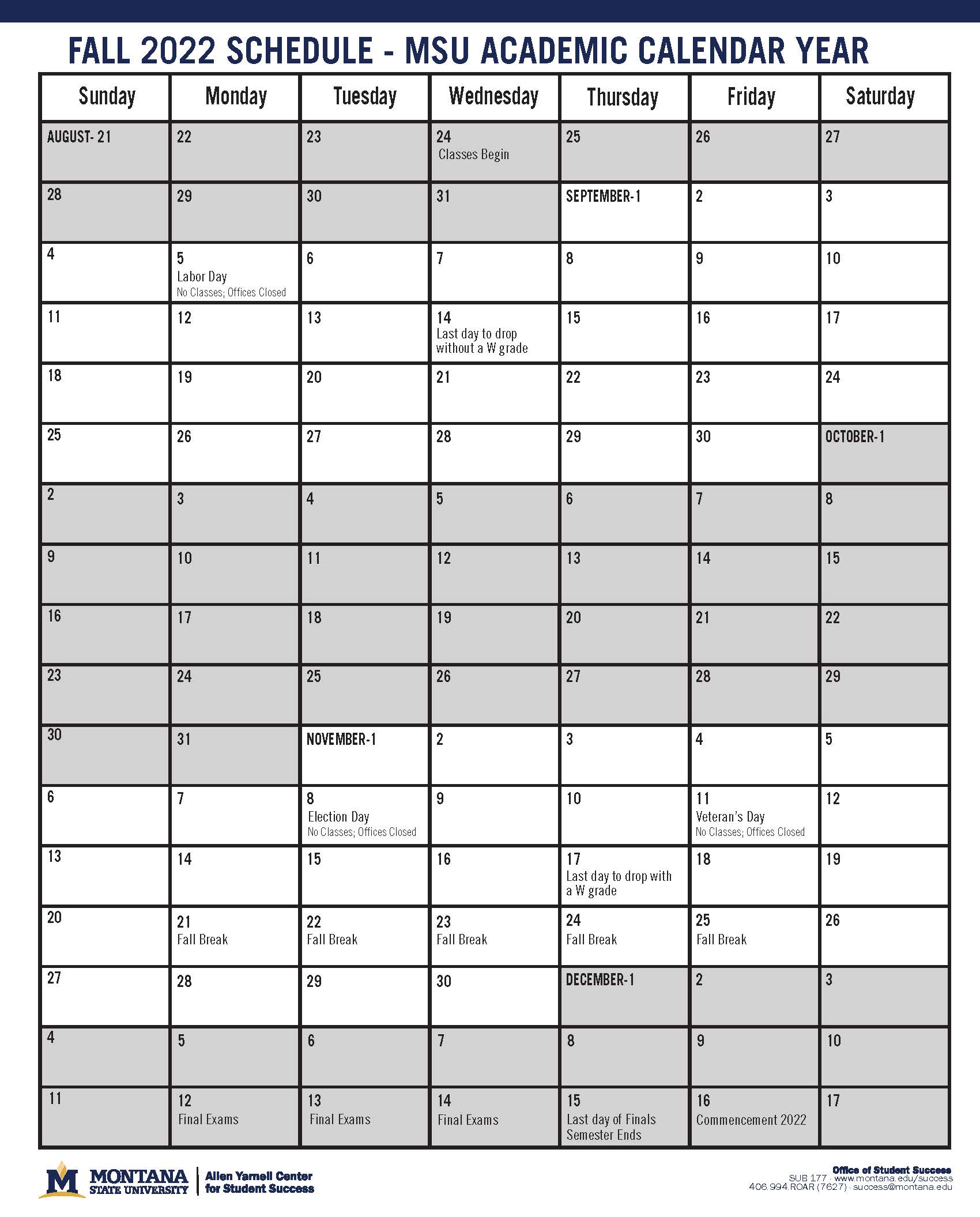 Fall 2022 Semester Schedule - Allen Yarnell Center for Student Success ...