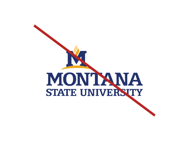 A picture of the MSU logo but the "M Flame" part of the logo is sized down and placed haphazardly on top of "Montana State University." A red line is diagonally crossed over the logo to indicate the logo does not follow the MSU brand standards.