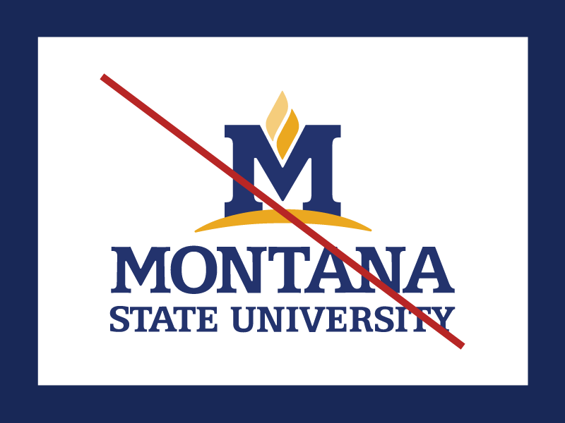 A picture of the MSU logo framed in a blue box. A red line is diagonally crossed over the logo to indicate the logo does not follow the MSU brand standards.