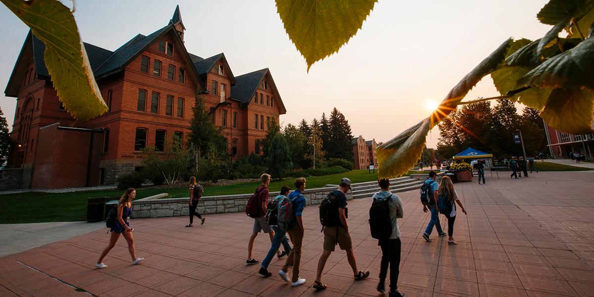 Students walking on campus during a sunset