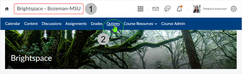 Brightspace screenshot - 20_22_04 - select the "Quizzes" link on the course nav bar to access quizzes area