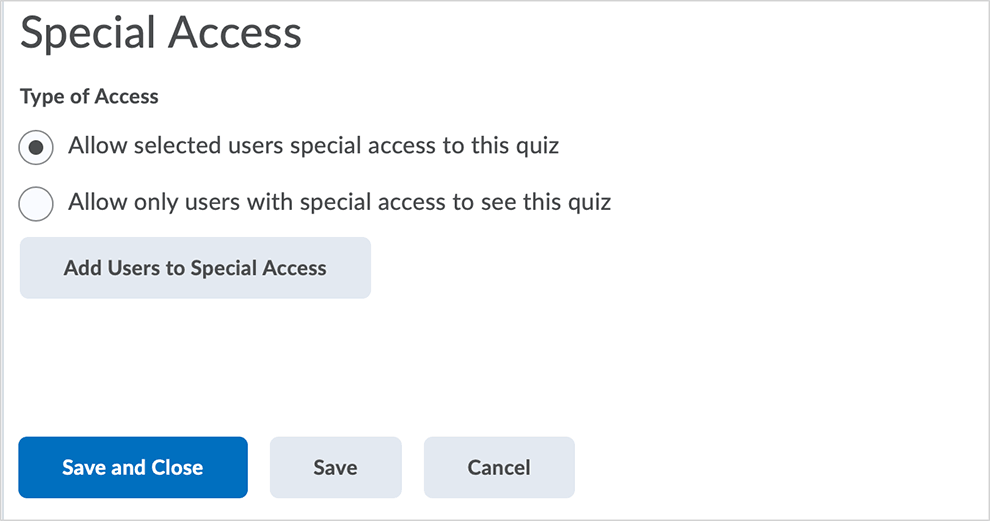 Brightspace screenshot - CD 20_20_04 - Restrictions tab page with directions related to Special Access