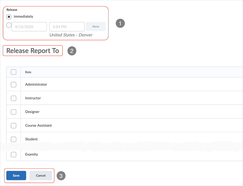 Brightspace screenshot - CD 20_20_04 - Reports Setup tab page with directions related to report release options