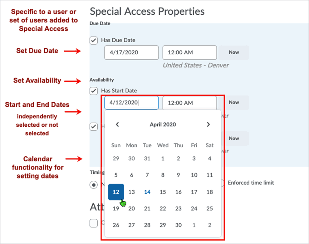 Brightspace screenshot - CD 20_20_04 - showing Due Date and Availability properties