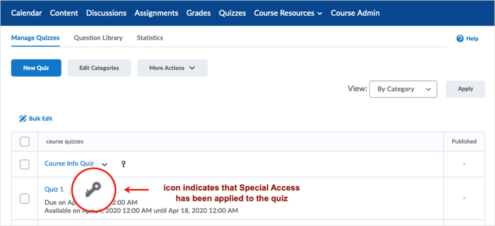 Brightspace screenshot - CD 20_20_04 - shows the icon indicating special access has been applied to a quiz as viewed from the Manage Quizzes page