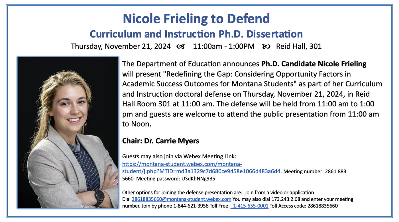 Nicole Frieling will defend PhD Dissertation on Nov 21st at 11:00 am in Reid Hall Rm 301