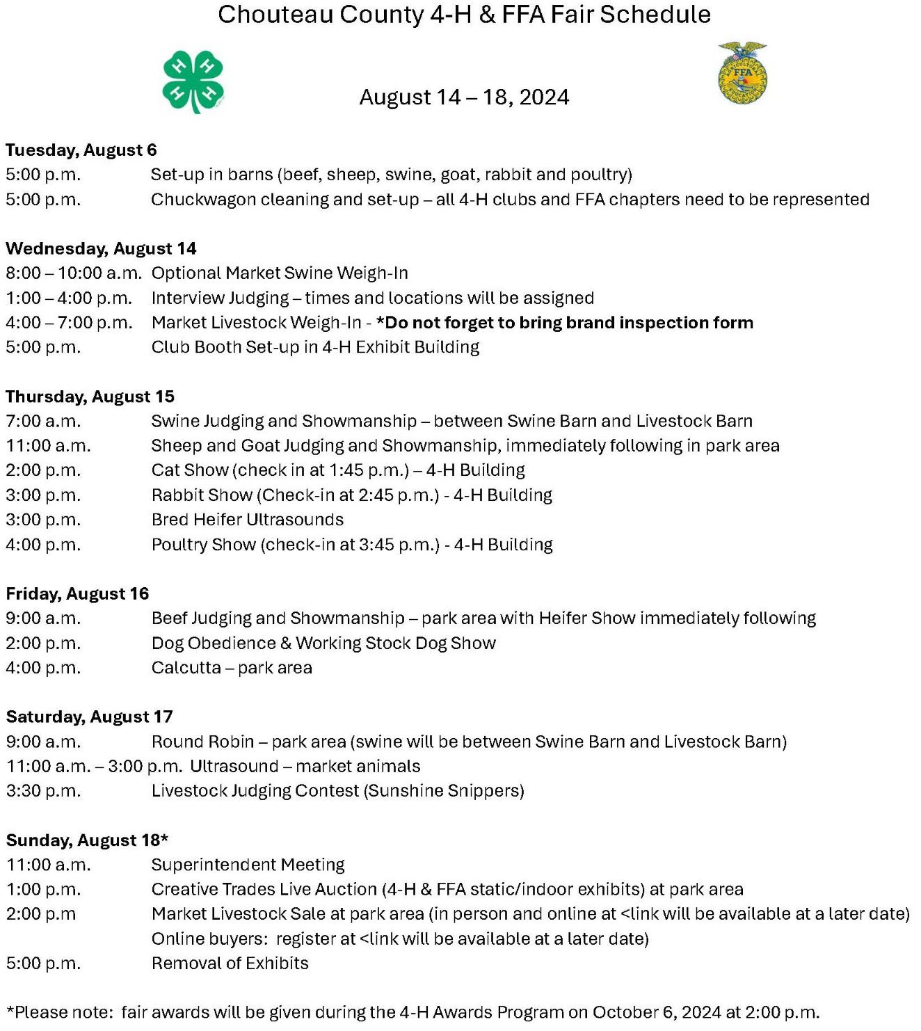4-H and FFA Fair Schedule