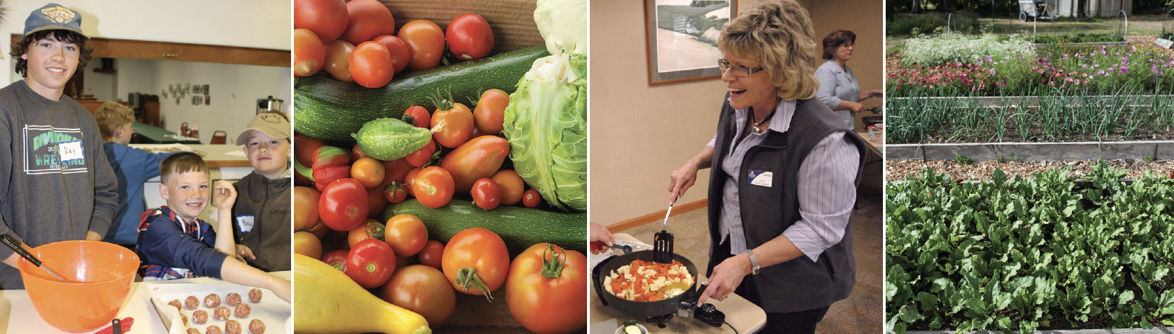 The banner is made up of four images: Image one is a group of children shaping and rolling meatballs, Image two is a collection of colorful vegetables, image three is a woman cooking a stirfry, and image four is a garden of crops.