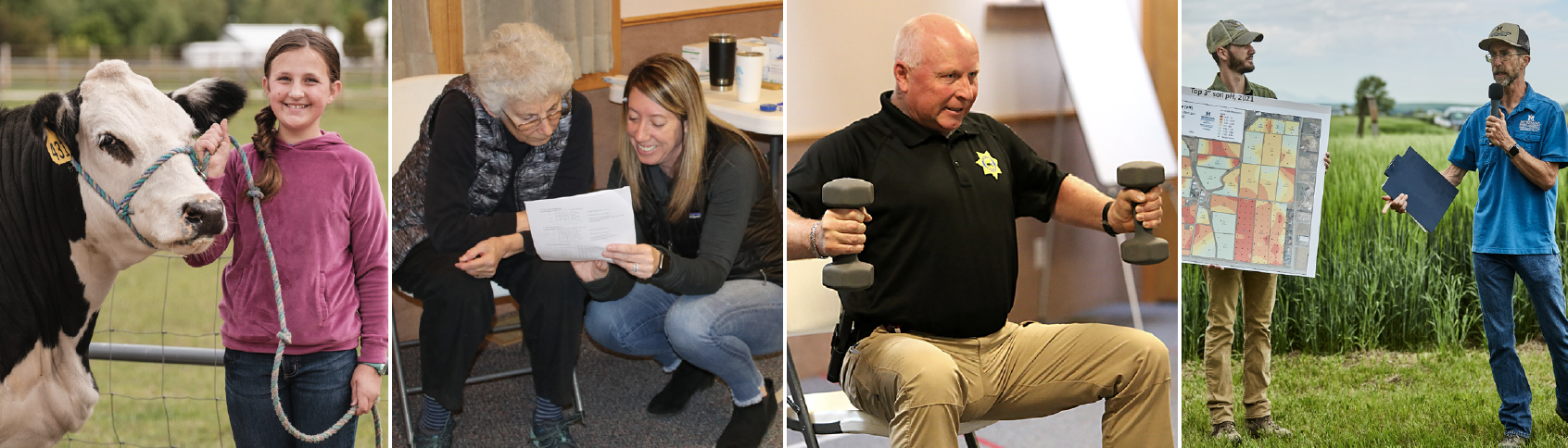 Four images create this banner. Image one showcases a girl in a pink sweatshirt holding the halter of a black steer with a white head. Image two showcases two women, one older and one younger, crouching and looking at a piece of paper. Image three showcases a man with two large weights, lifting them. Image four showcases two men in a green field presenting, one holding a microphone and the other holding a presentation board.