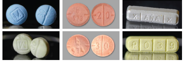 image shows examples of oxycodone (left), adderall (middle), and xanax (right).