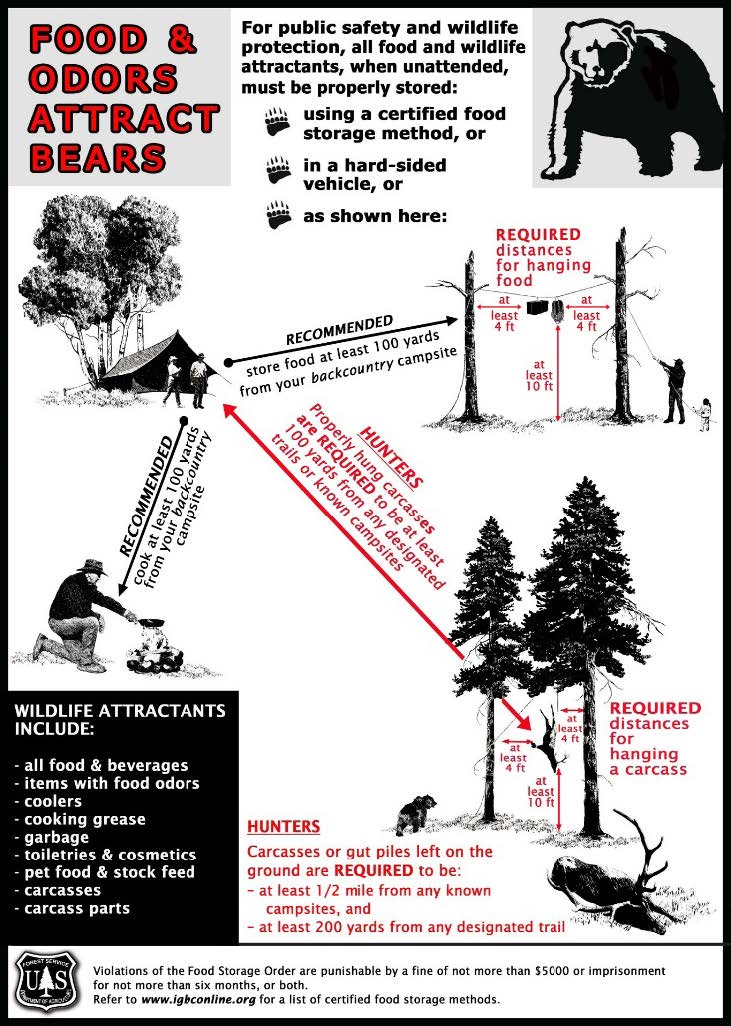 Poster of food and carcass storage requirements for camping in Custer Gallatin National Forest, as described elsewhere in this article.