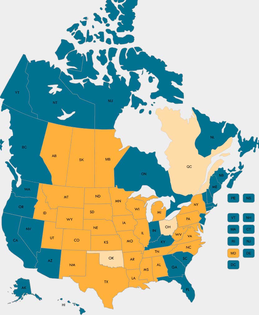 The map of the current distribution of cronic wasting disease shows North America with a wide swath of orange and tan states and provinces stretching North to South from Alberta and Saskastchewan to Texas, and West to East from Idaho to New York.