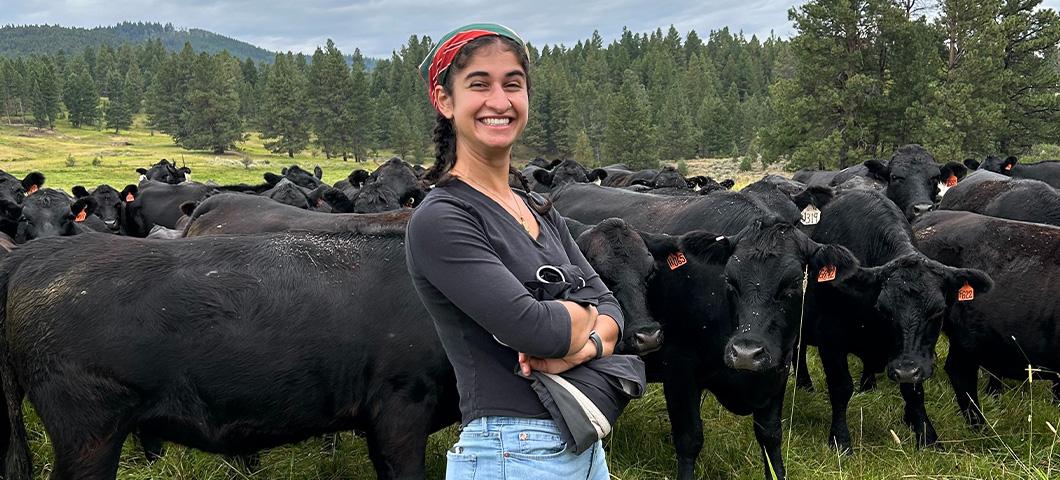 MDI Intern posing in a field in front of cows during a farm tour