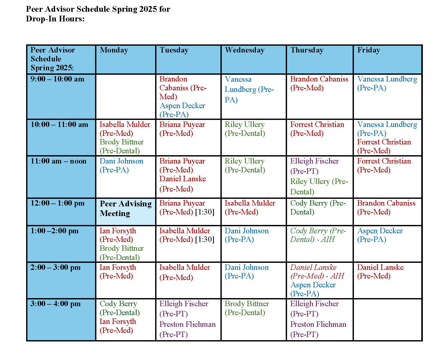 Peer Advising Schedule Spring 2025