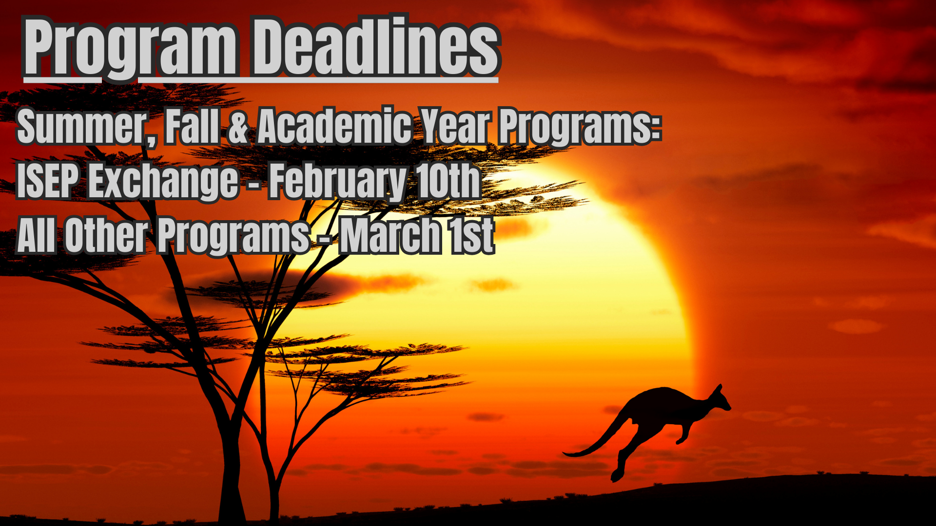 Program Deadlines for summer, fall, and academic year.
ISEP Exchange - Feberuary 10th
All other programs: March 1st