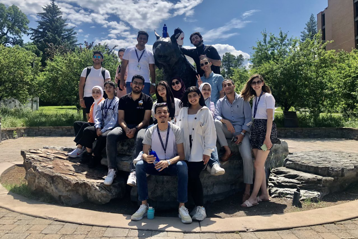 MEPI Student Leaders program 2023 participants in front of the Statue of Spirit the Bobcat 